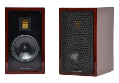 MartinLogan Motion 15 front and side view speakers with and without grille