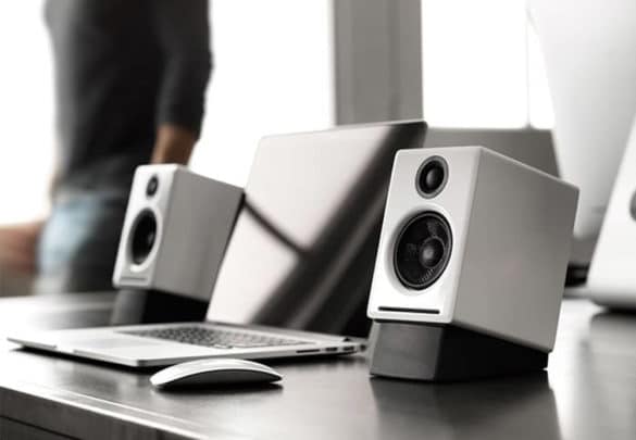 Aperion allaire speakers on a desk for best computer speakers