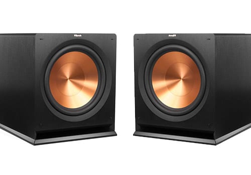 Best home subwoofers primary image with two klipsch subwoofers front view